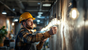 A photograph of a skilled lighting contractor working intently on a modern smart lighting installation