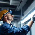 A photograph of a lighting contractor skillfully installing a 4-foot led light in a commercial space