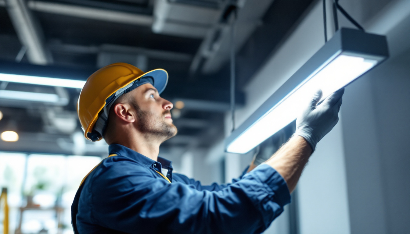 A photograph of a lighting contractor skillfully installing a 4-foot led light in a commercial space