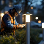 A photograph of capture a photograph of a smart lighting contractor installing or adjusting a modern lighting bollard in an outdoor setting