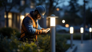 A photograph of capture a photograph of a smart lighting contractor installing or adjusting a modern lighting bollard in an outdoor setting