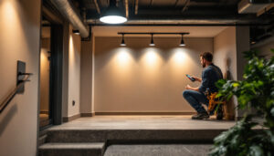 A photograph of a well-lit basement showcasing modern led lighting fixtures