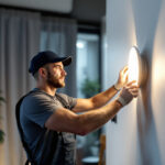 A photograph of a lighting contractor expertly installing wafer led lights in a modern residential space