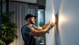 A photograph of a lighting contractor expertly installing wafer led lights in a modern residential space