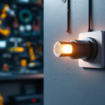 A photograph of a modern washing machine electrical plug in a well-lit workshop setting