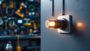 A photograph of a modern washing machine electrical plug in a well-lit workshop setting
