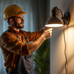 A photograph of a skilled lighting contractor installing a t type lamp in a residential or commercial setting
