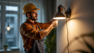 A photograph of a skilled lighting contractor installing a t type lamp in a residential or commercial setting