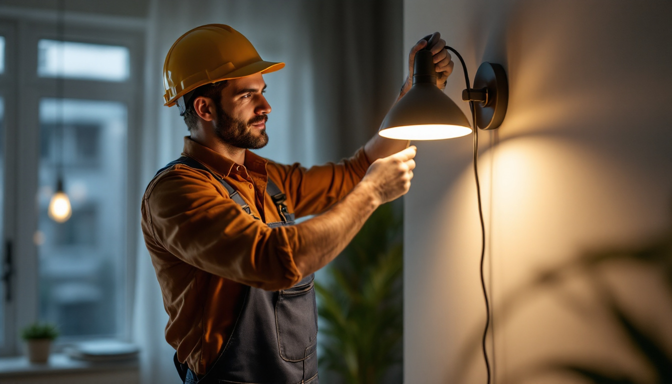 A photograph of a skilled lighting contractor installing a t type lamp in a residential or commercial setting