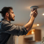A photograph of a lighting contractor skillfully installing replacement recessed lights in a modern home