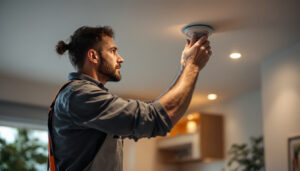 A photograph of a lighting contractor skillfully installing replacement recessed lights in a modern home