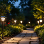 A photograph of a well-lit outdoor space at dusk featuring various styles of long-lasting solar lights illuminating pathways and garden areas