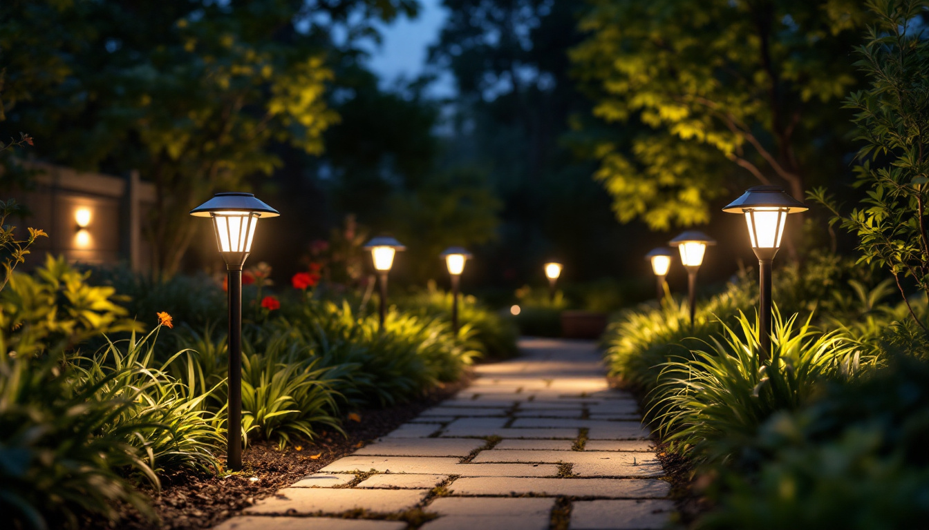 A photograph of a well-lit outdoor space at dusk featuring various styles of long-lasting solar lights illuminating pathways and garden areas