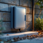 A photograph of a well-installed outdoor electrical box cover in a landscaped setting