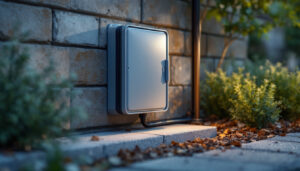 A photograph of a well-installed outdoor electrical box cover in a landscaped setting