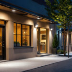 A photograph of a well-lit outdoor commercial space showcasing various wall pack lighting fixtures in use