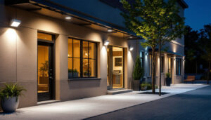 A photograph of a well-lit outdoor commercial space showcasing various wall pack lighting fixtures in use