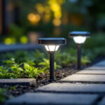 A photograph of a well-designed outdoor lighting setup featuring solar-powered led lights illuminating a garden or pathway