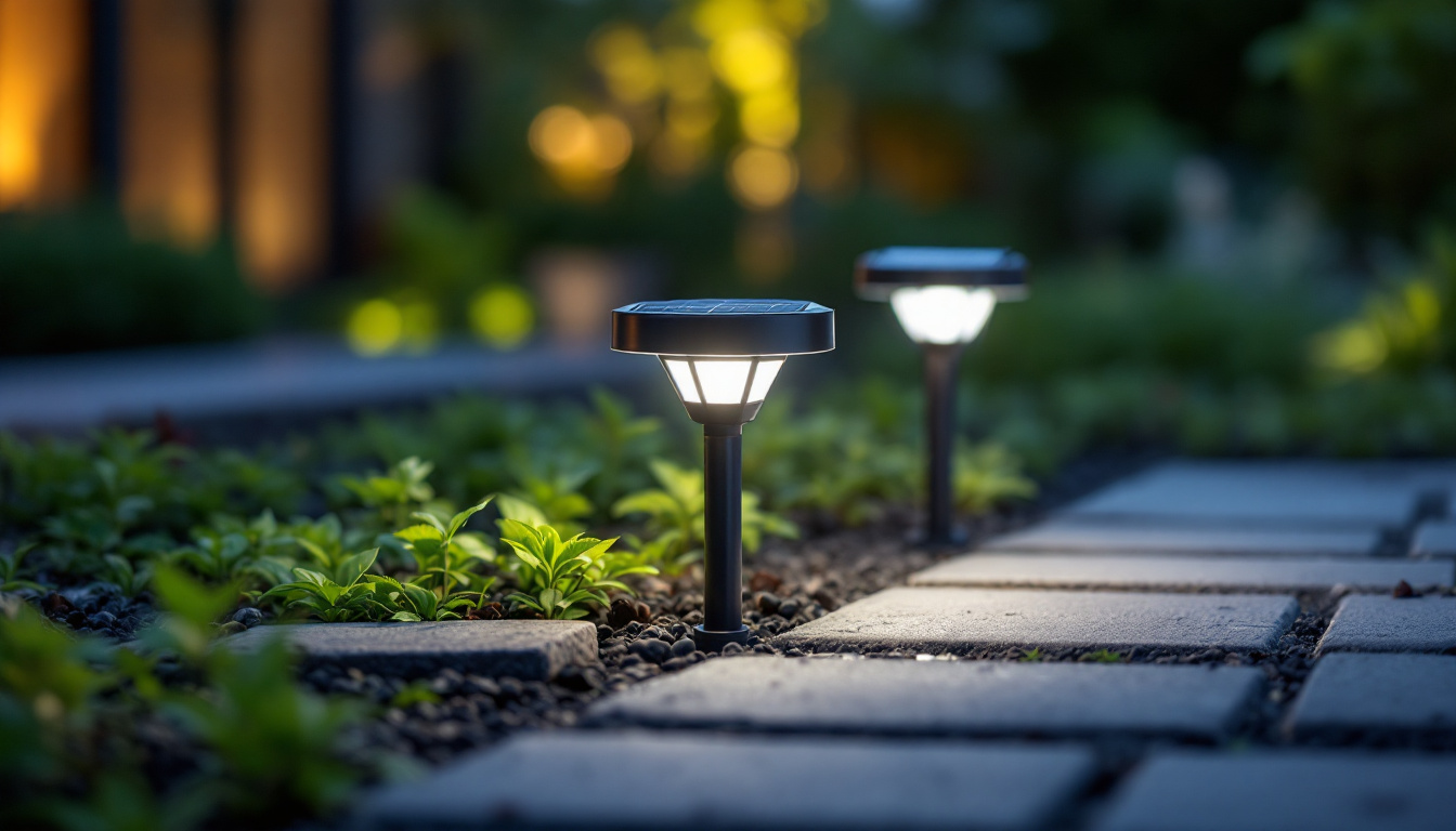 A photograph of a well-designed outdoor lighting setup featuring solar-powered led lights illuminating a garden or pathway