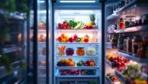 A photograph of a brightly lit refrigerator interior showcasing various types of energy-efficient led lights