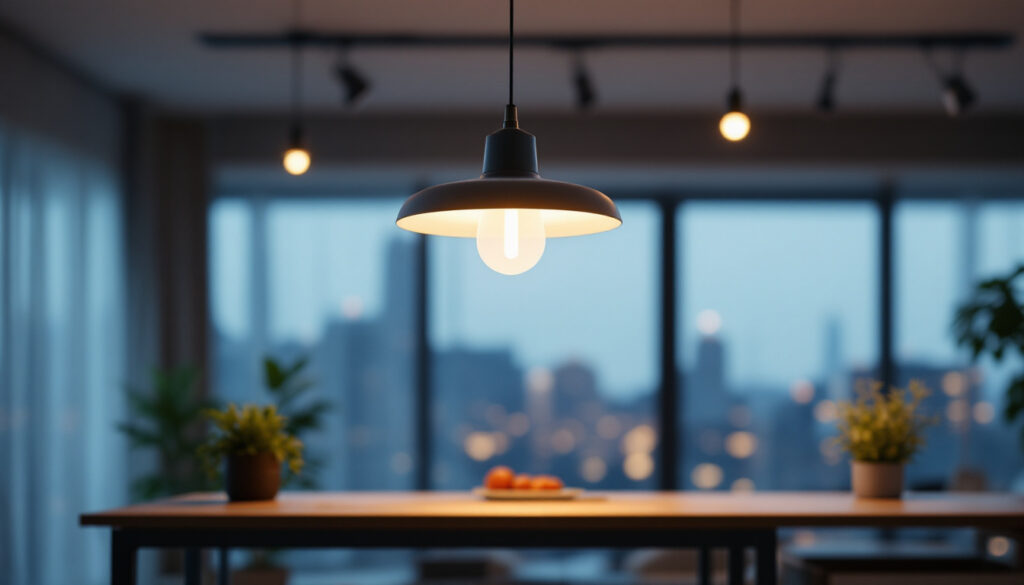 A photograph of a beautifully designed hanging led light fixture in a modern interior setting