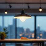 A photograph of a beautifully designed hanging led light fixture in a modern interior setting