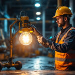 A photograph of a robust explosion-proof lamp in a dynamic industrial setting