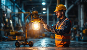 A photograph of a robust explosion-proof lamp in a dynamic industrial setting