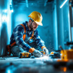 A photograph of a lighting contractor actively engaged in a project