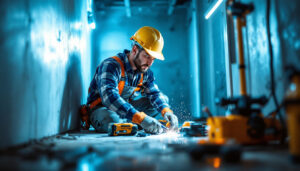 A photograph of a lighting contractor actively engaged in a project
