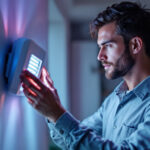 A photograph of a lighting contractor examining a modern uv light installation in a stylish home setting