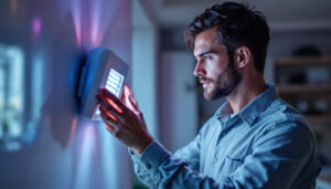 A photograph of a lighting contractor examining a modern uv light installation in a stylish home setting