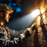 A photograph of a lighting contractor installing a high-quality led flood light on an outdoor property