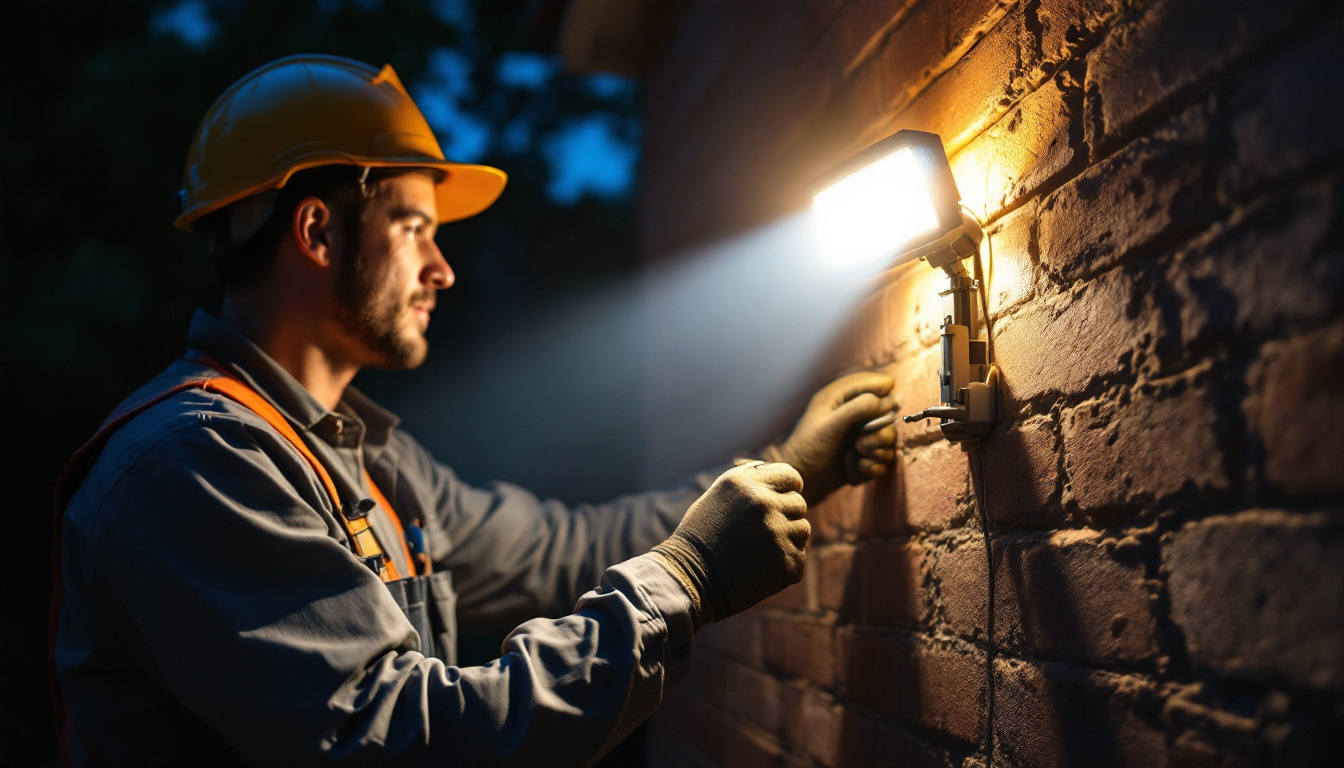 A photograph of a lighting contractor installing a high-quality led flood light on an outdoor property
