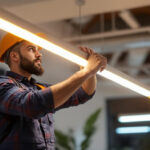 A photograph of a skilled lighting contractor installing led 4ft lights in a modern workspace