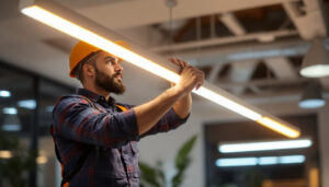 A photograph of a skilled lighting contractor installing led 4ft lights in a modern workspace