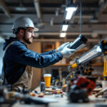 A photograph of a well-lit workspace showcasing a professional lighting contractor installing led shop light fixtures