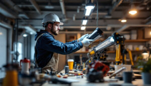 A photograph of a well-lit workspace showcasing a professional lighting contractor installing led shop light fixtures