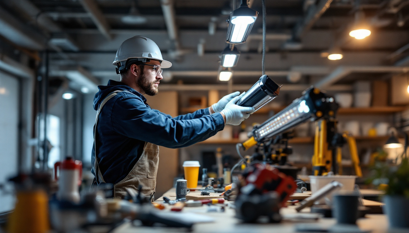 A photograph of a well-lit workspace showcasing a professional lighting contractor installing led shop light fixtures