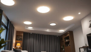 A photograph of a well-lit room featuring various styles of 6-inch led recessed lights installed in the ceiling