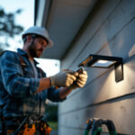 A photograph of a lighting contractor installing an exterior light mounting box on a home