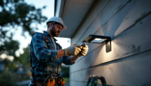 A photograph of a lighting contractor installing an exterior light mounting box on a home