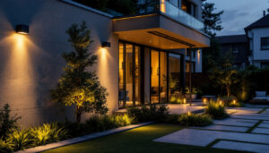 A photograph of a beautifully illuminated outdoor space featuring stylish light fixtures and well-designed landscaping
