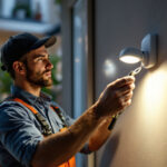 A photograph of a lighting contractor installing a sensor automatic light in a residential setting