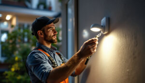 A photograph of a lighting contractor installing a sensor automatic light in a residential setting