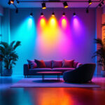 A photograph of a beautifully lit interior space featuring rgb can lights in various colors