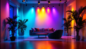 A photograph of a beautifully lit interior space featuring rgb can lights in various colors