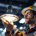 A photograph of a lighting contractor examining a metal halide fixture in a commercial setting
