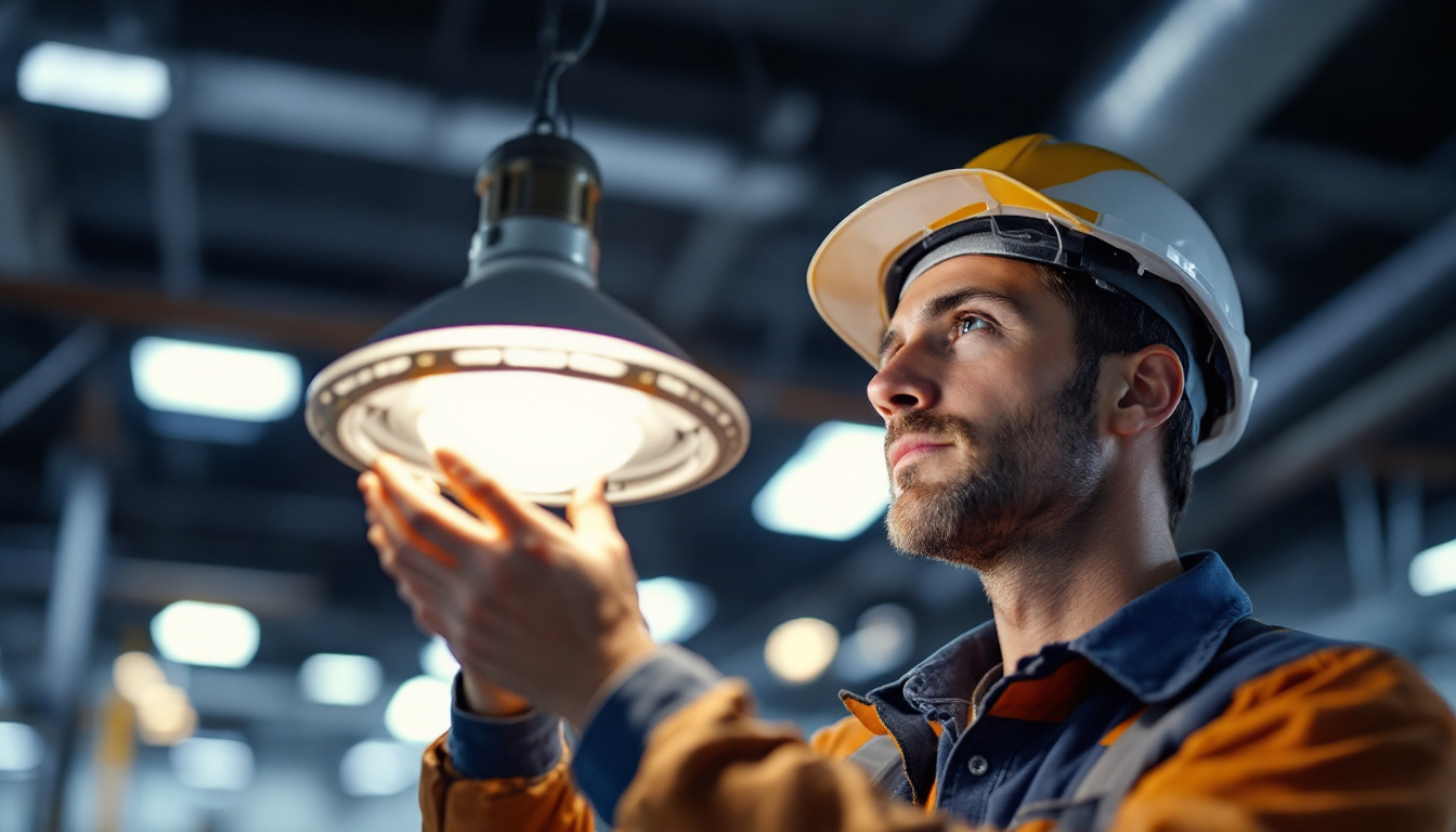 A photograph of a lighting contractor examining a metal halide fixture in a commercial setting