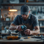 A photograph of a skilled lighting contractor in action